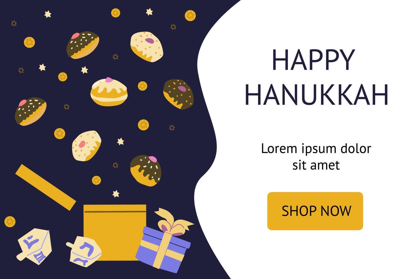 Hanukkah celebration banner with doughnuts, dreidels, and gifts vector