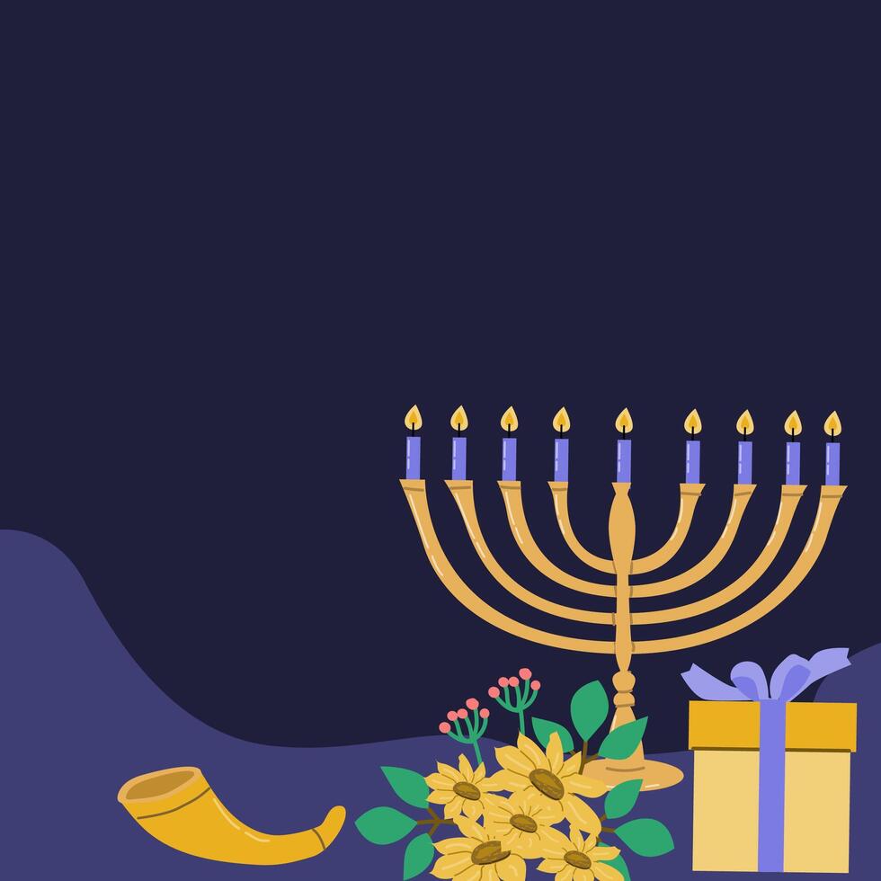 Hanukkah celebration menorah with gifts, horn, and flowers on dark background vector