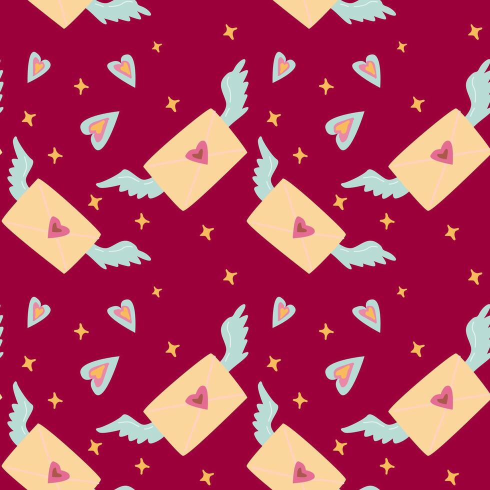 Whimsical winged envelopes and hearts pattern on deep red background vector