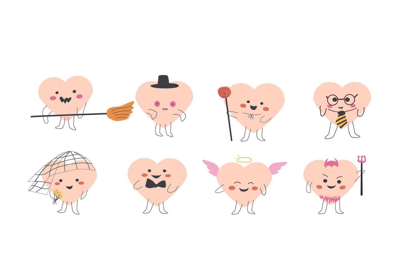 Adorable heart characters in diverse costumes and fun roles vector