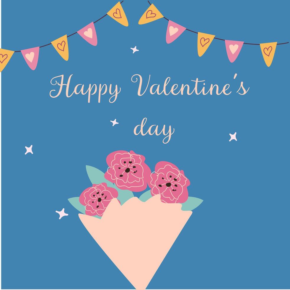Happy valentine's day card design with floral bouquet and hearts on blue background vector