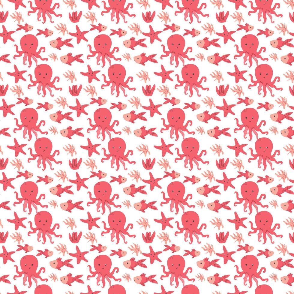 Seamless pattern of red octopuses and fish on white background vector