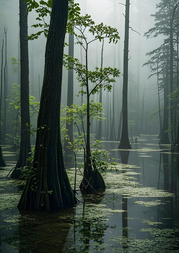 A swamp with trees and water in the fog photo