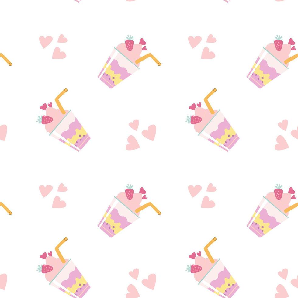 Seamless pattern of colorful strawberry milkshakes and hearts vector