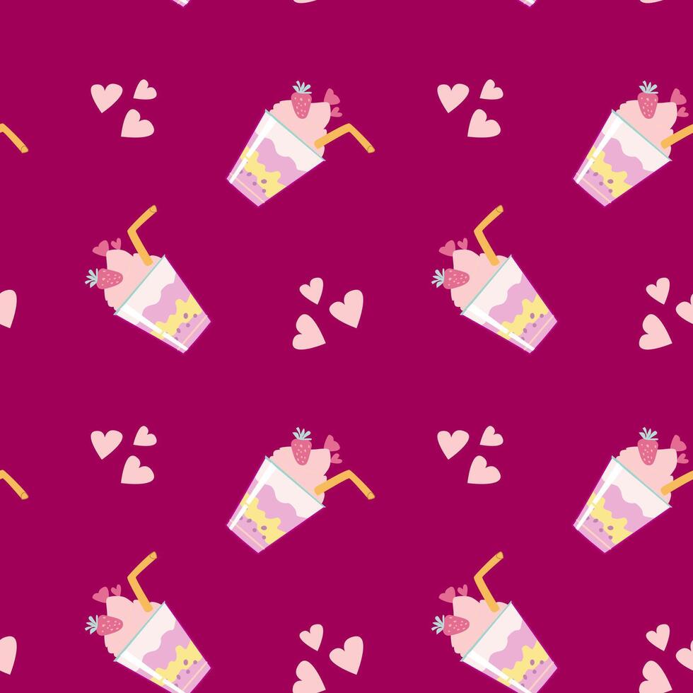 Seamless pattern of milkshakes with hearts on a berry background vector