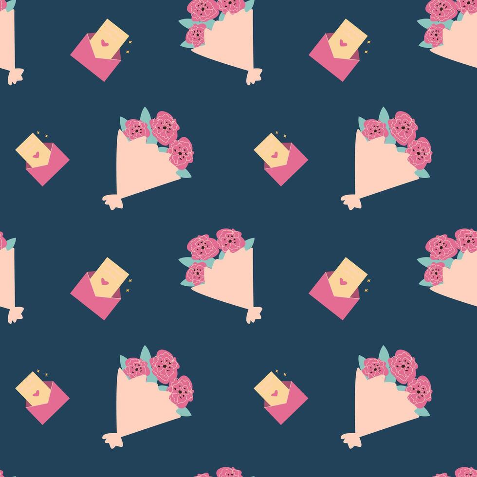 Floral envelope pattern with romantic bouquets on dark background vector