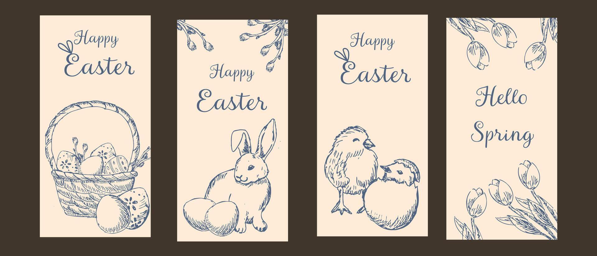 Happy easter graphic ink greeting cards set. Hand drawn outline sketch of bunny, eggs, chicken vector