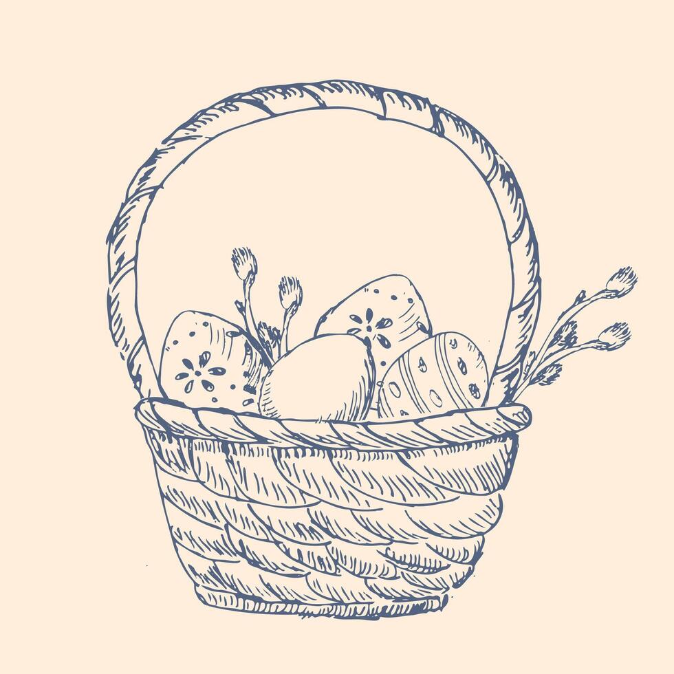 Happy easter graphic ink basket. Hand drawn outline sketch of eggs, branch vector