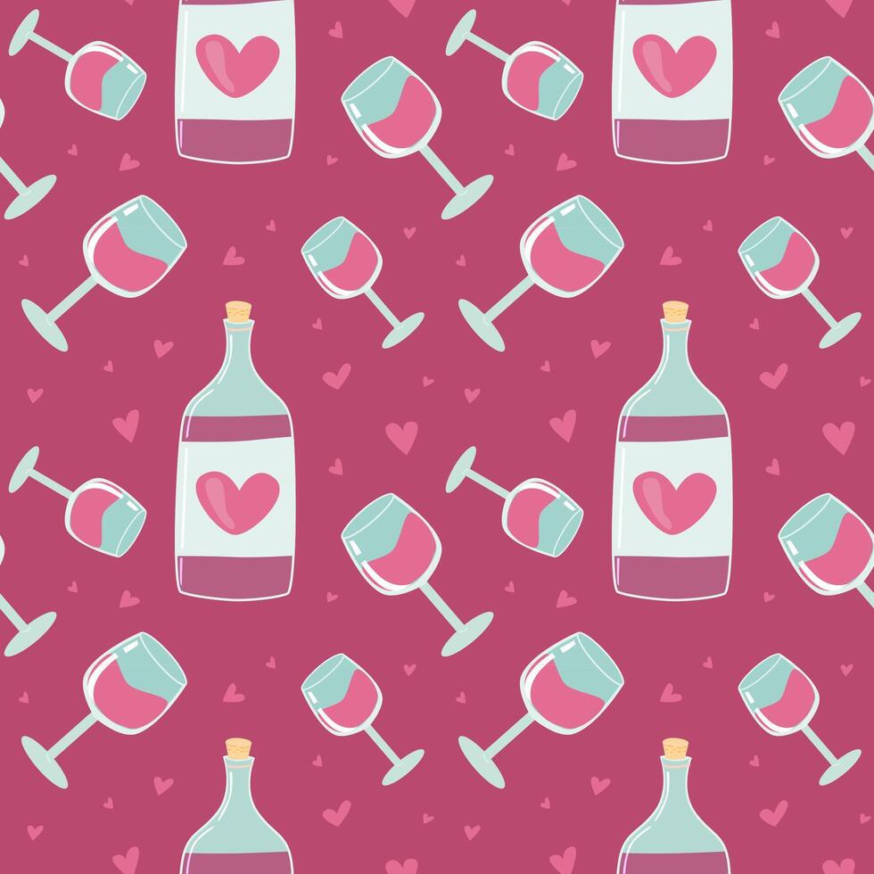 Romantic wine bottle and glass pattern with hearts on pink background vector