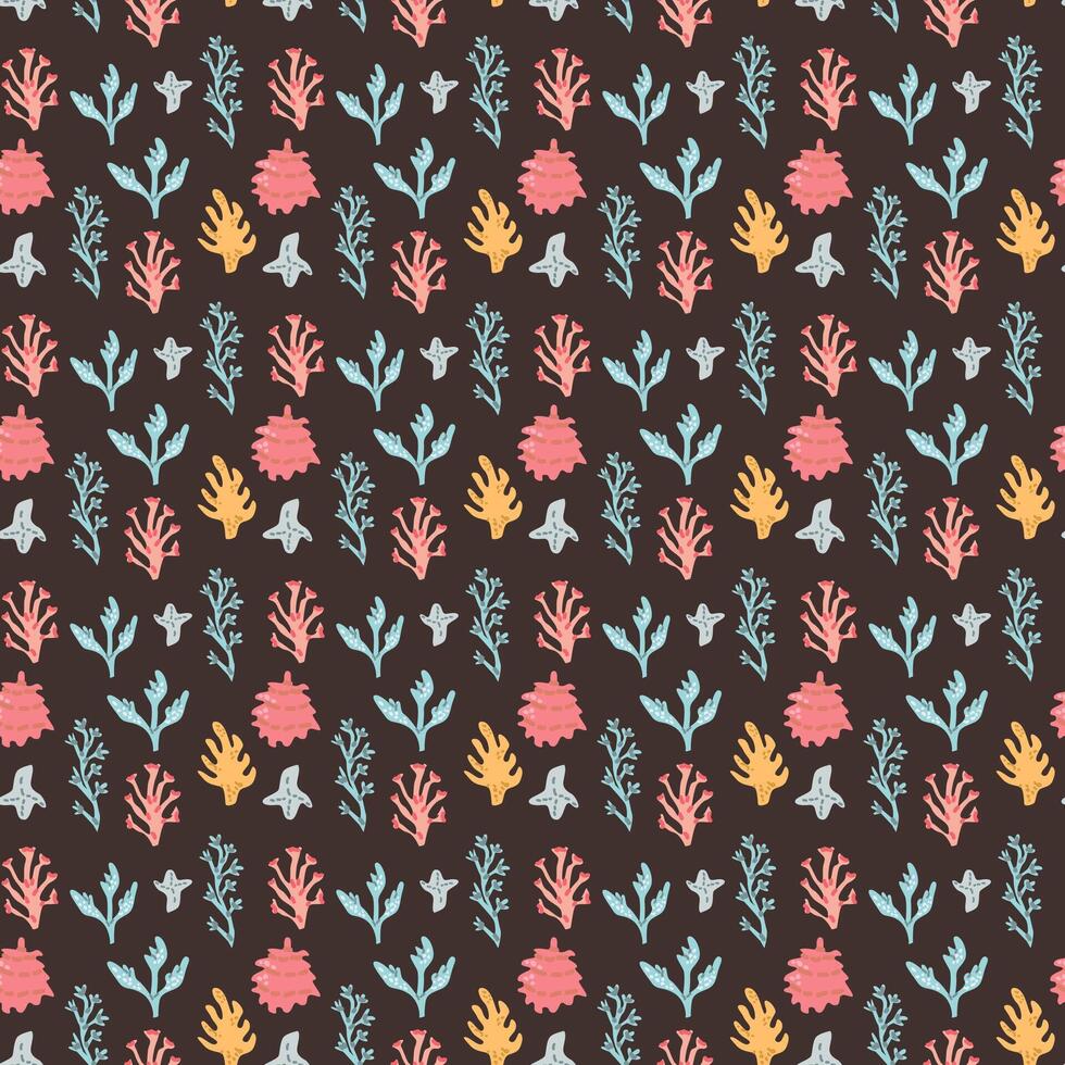 Colorful coral pattern on dark background with marine motifs vector