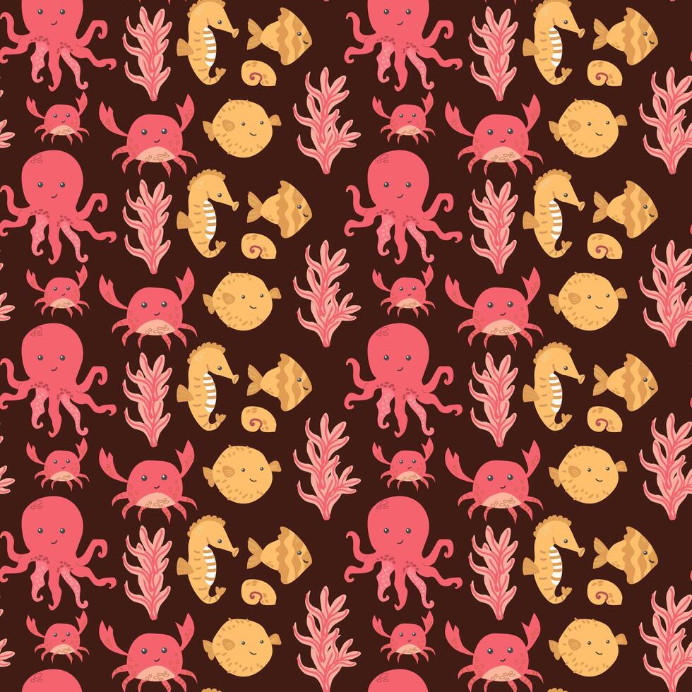 Colorful marine life pattern with octopuses, crabs, and seahorses vector