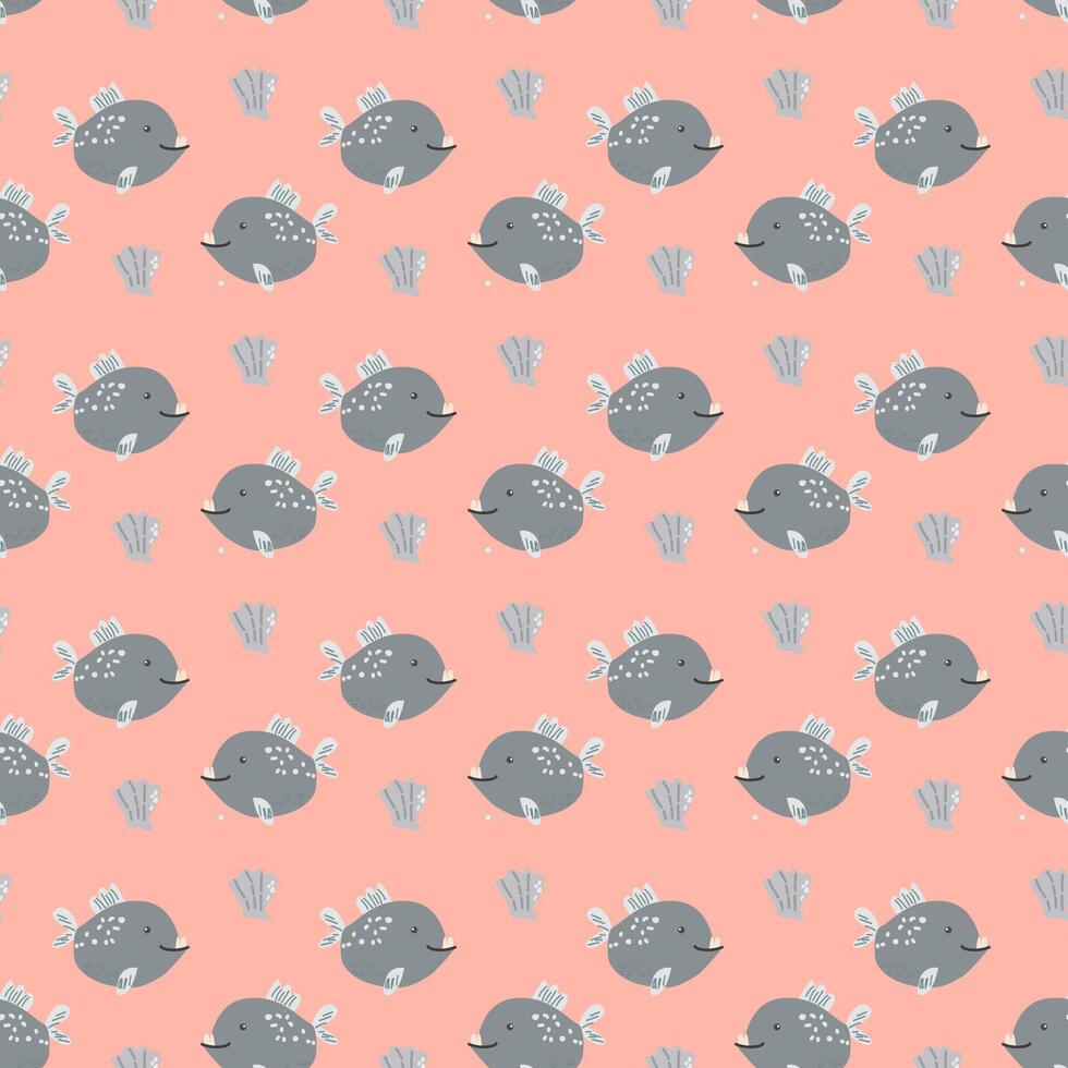 Cute cartoon fish pattern with coral elements on pink background vector