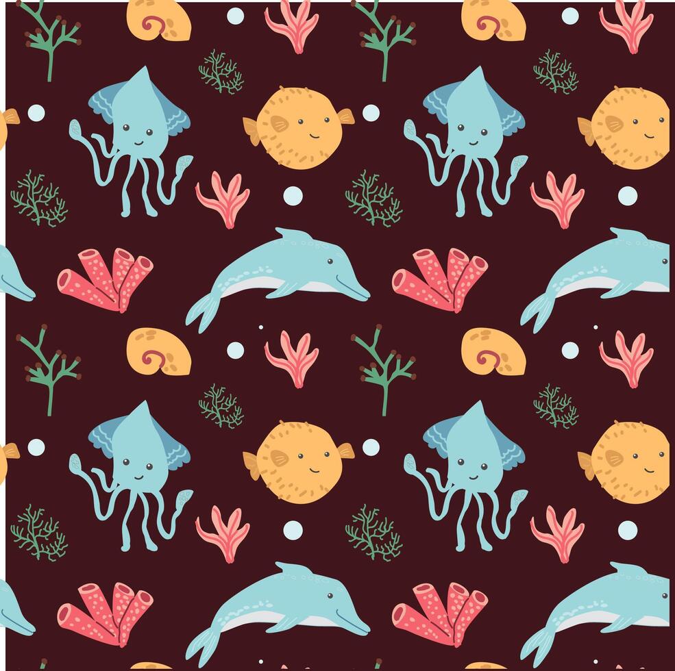 Colorful marine pattern with dolphins, squid, and coral on dark background vector