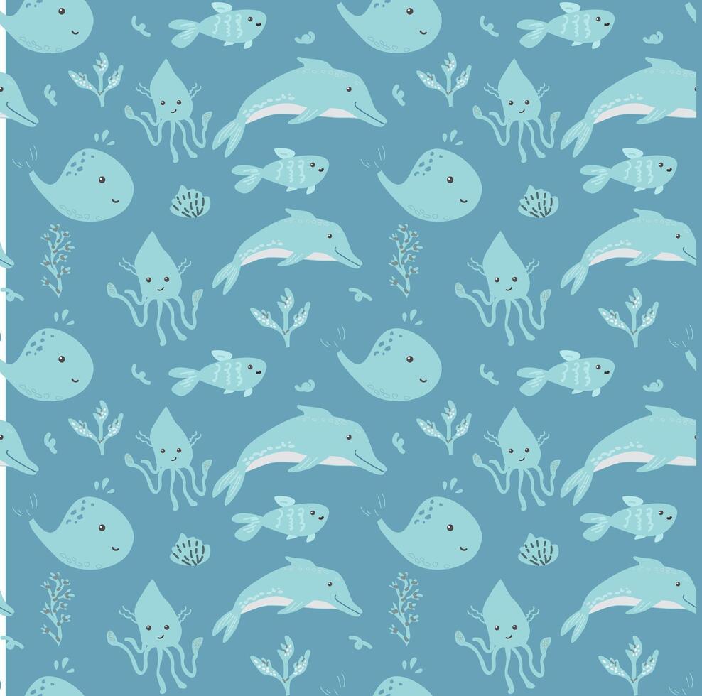 Cute ocean animals pattern with whales, octopuses, and dolphins on blue background vector