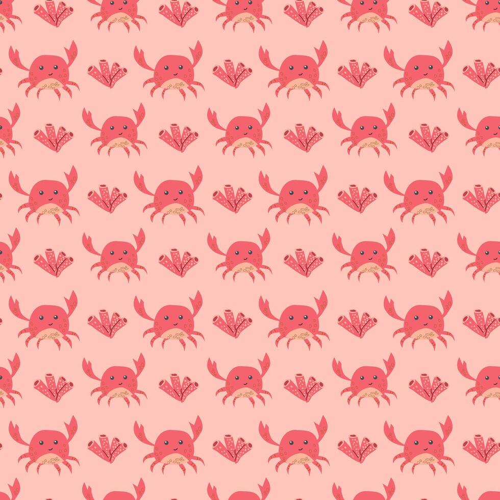 Cute pink crab and seashell pattern on light background vector