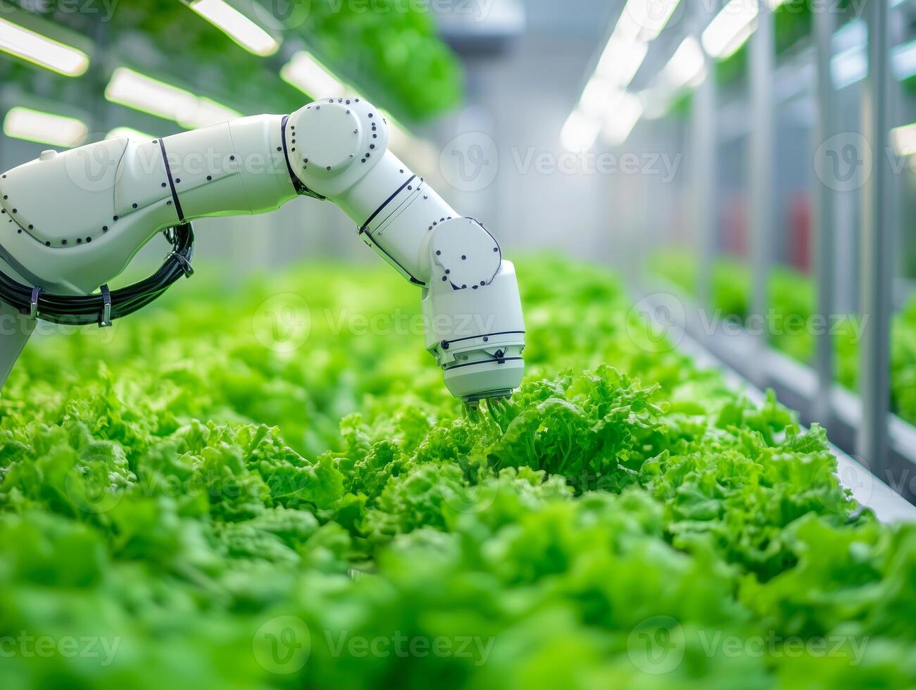 A robot is picking lettuce in a greenhouse photo