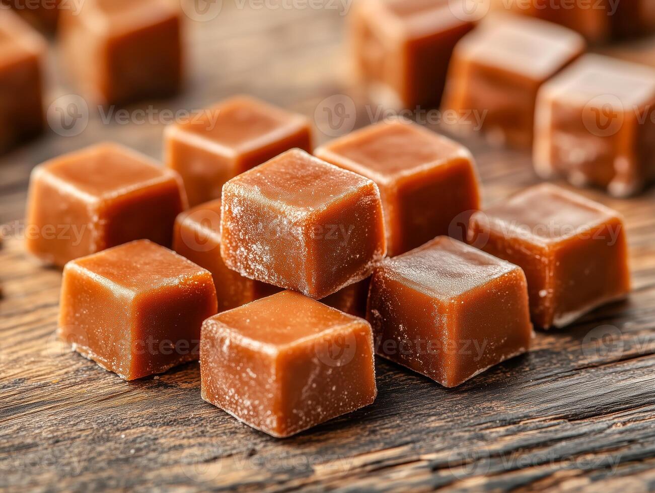 Cubed caramel candies on a wooden surface photo