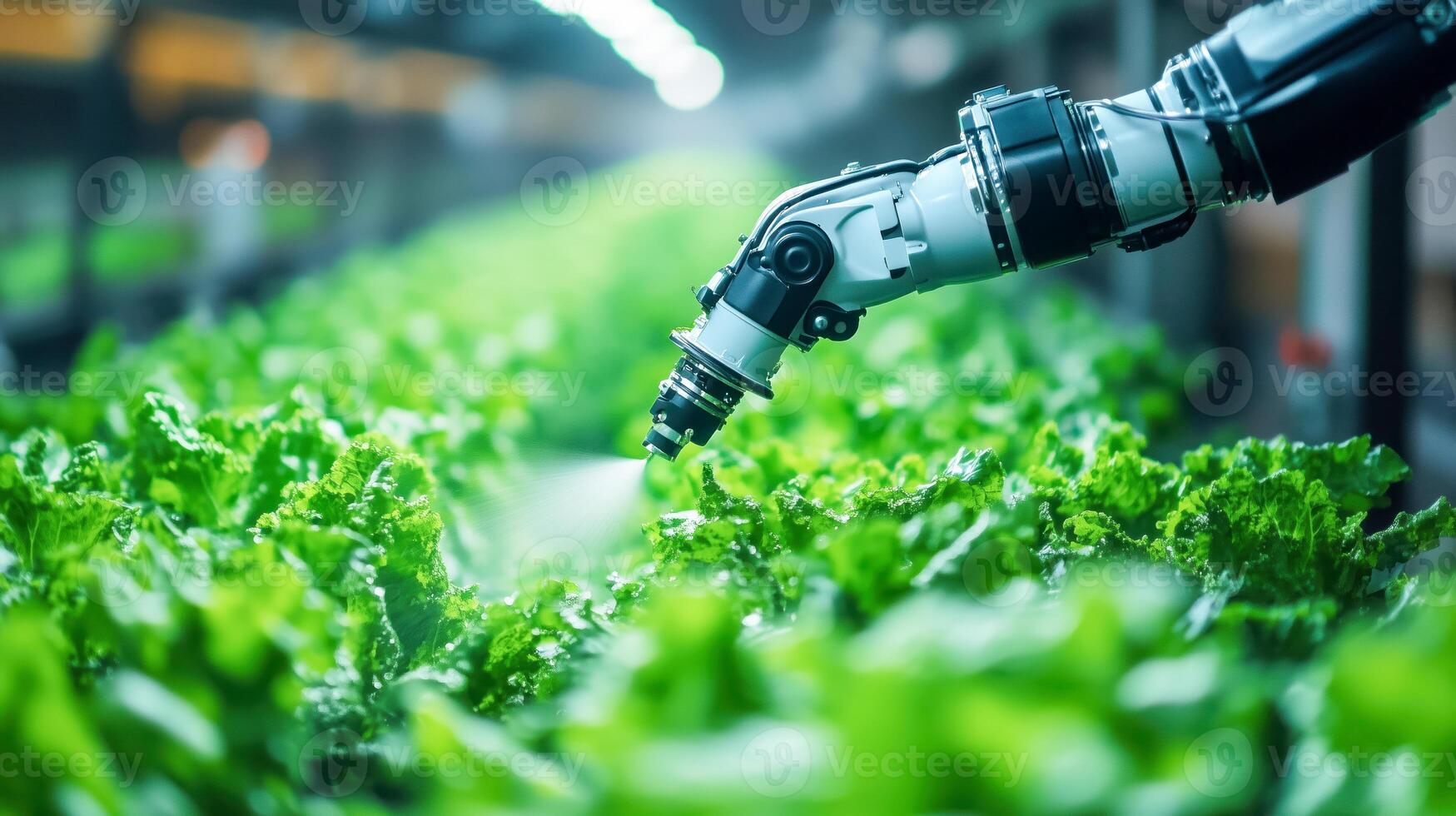 A robot spraying lettuce in a greenhouse photo