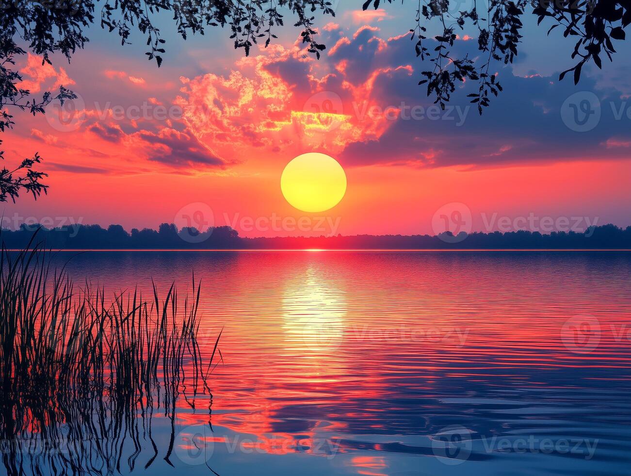 A sunset over a lake with grass and trees photo