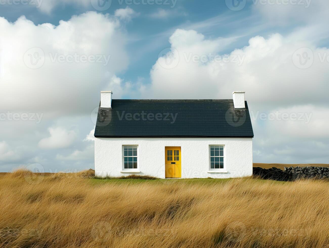 A white house with a yellow door in a field photo