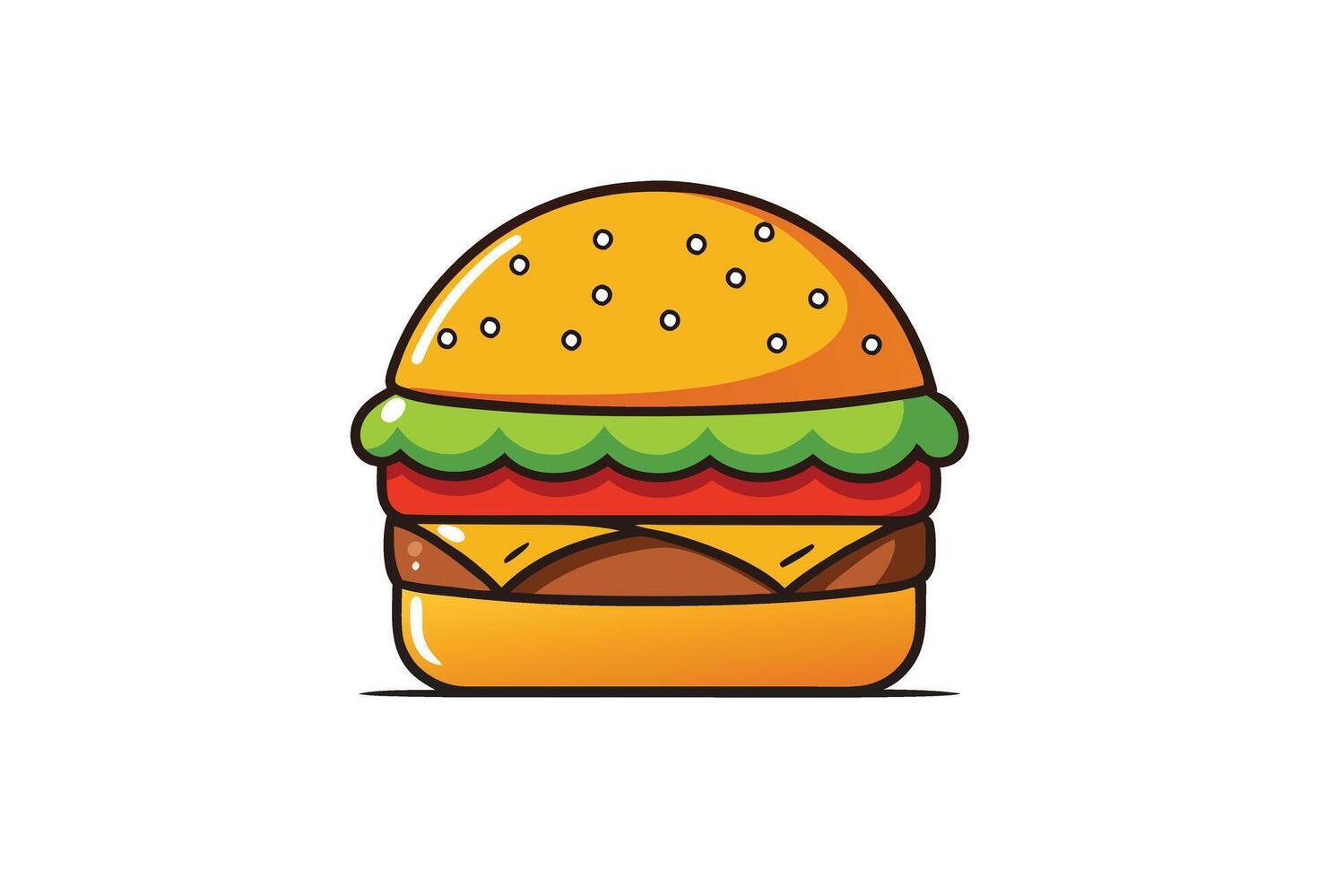 Cartoon style burger icon featuring a sesame seed bun, lettuce, tomato, cheese, and patty, ideal for fast food or restaurant themes vector