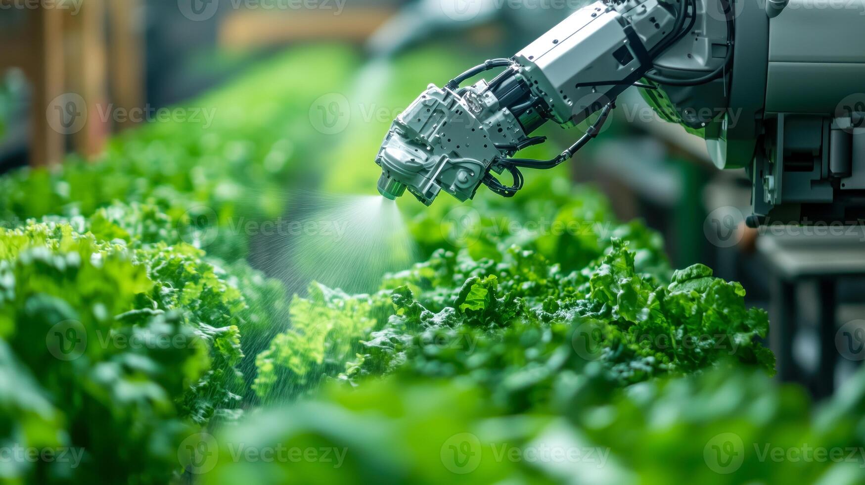A robot spraying lettuce in a greenhouse photo
