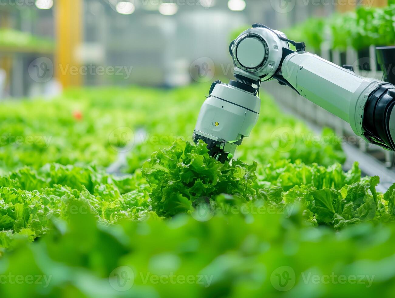 A robot is picking lettuce in a greenhouse photo