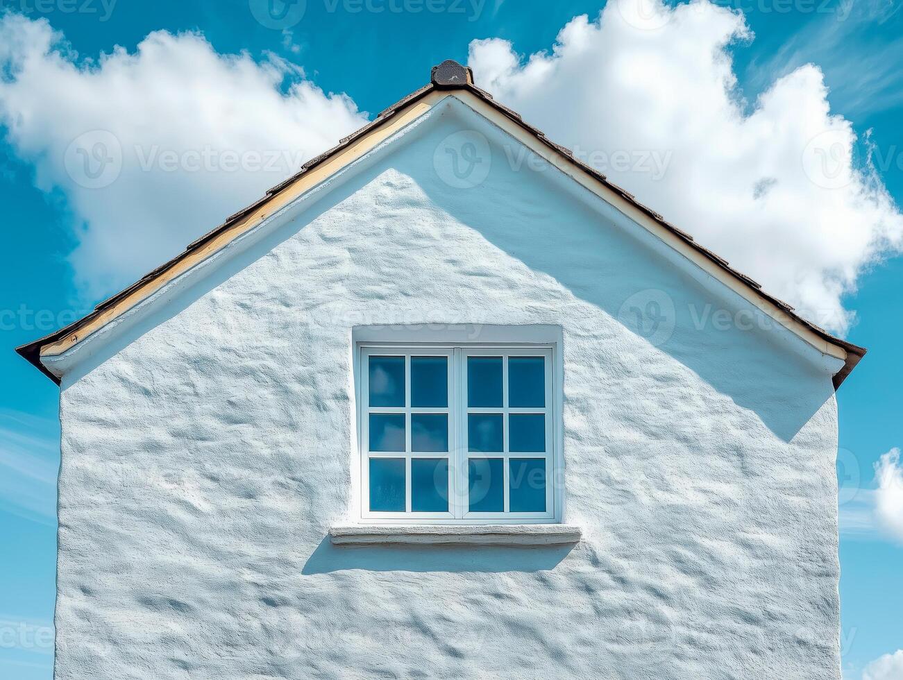 A white house with a window and a blue sky photo