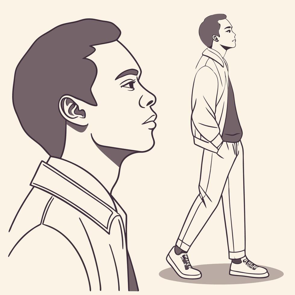 Cartoon style depiction of a male character in profile and full body stance, wearing a trendy jacket, sneakers, and relaxed expression vector