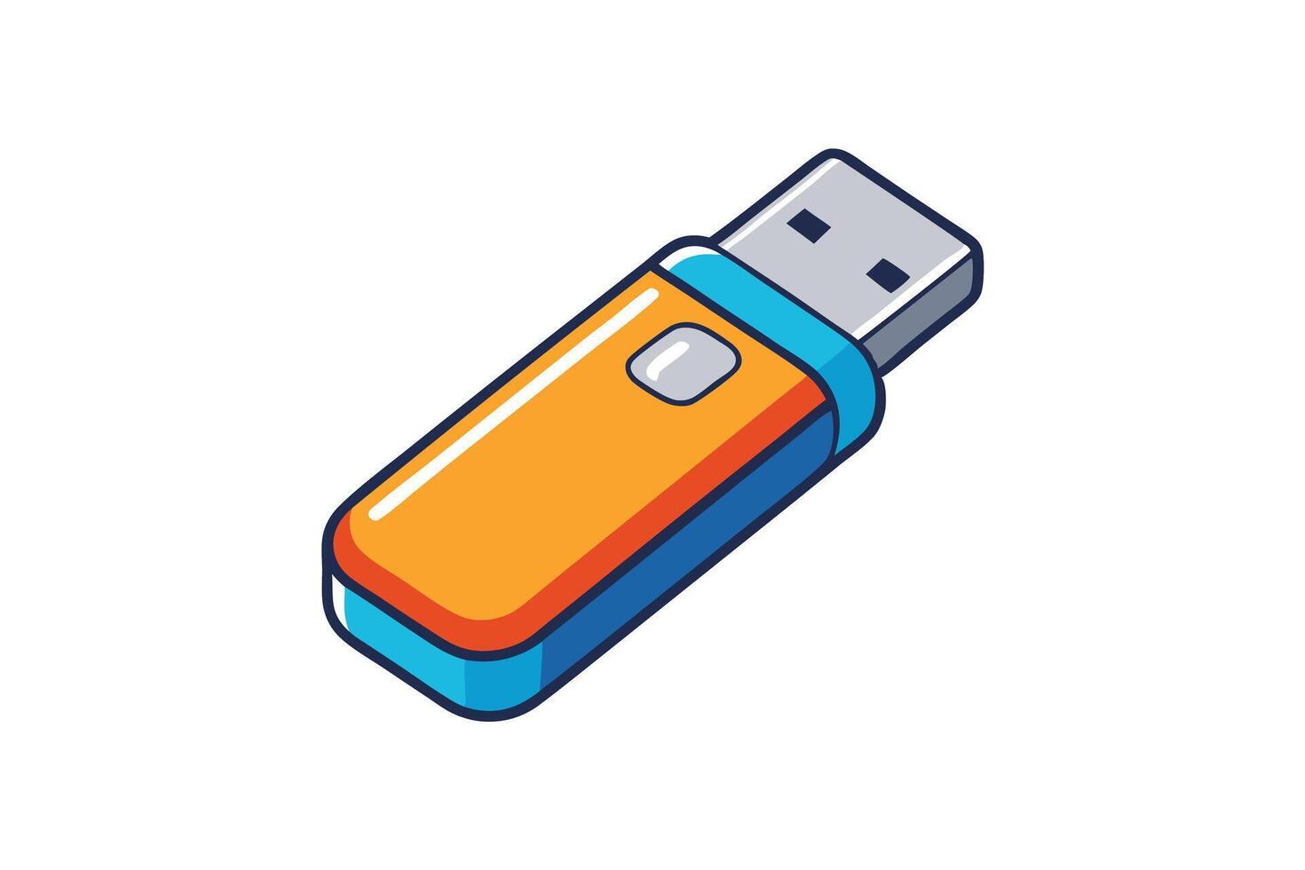 USB flash disk graphic in bright orange and blue tones, representing compact data storage solutions for digital files vector