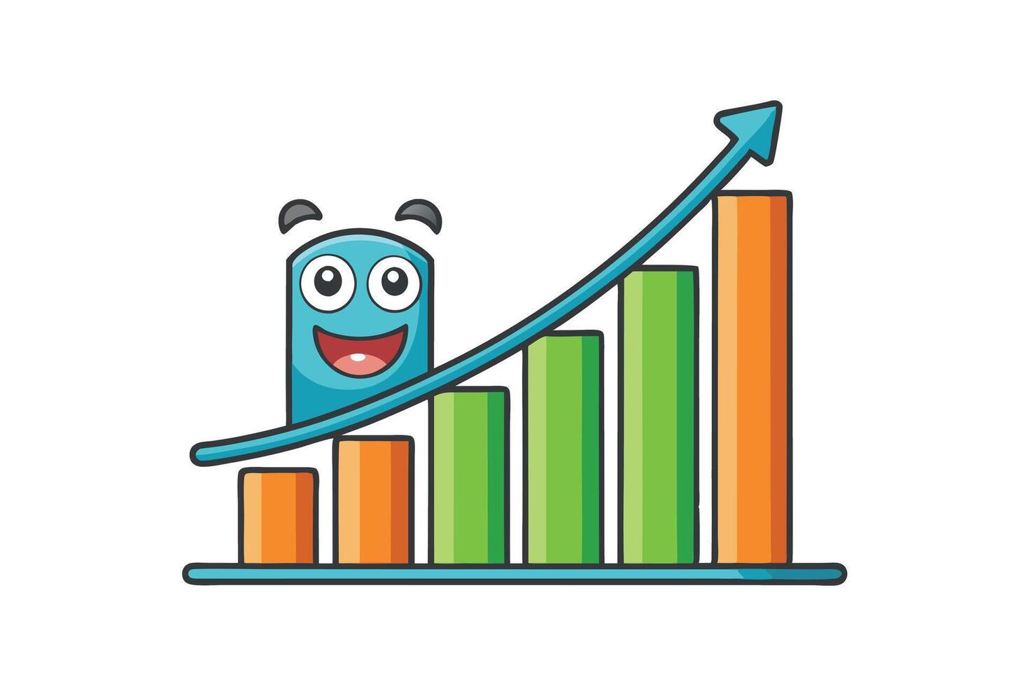 Illustration of an upward trend chart with colorful bars and a smiling character, symbolizing success and growth in business vector