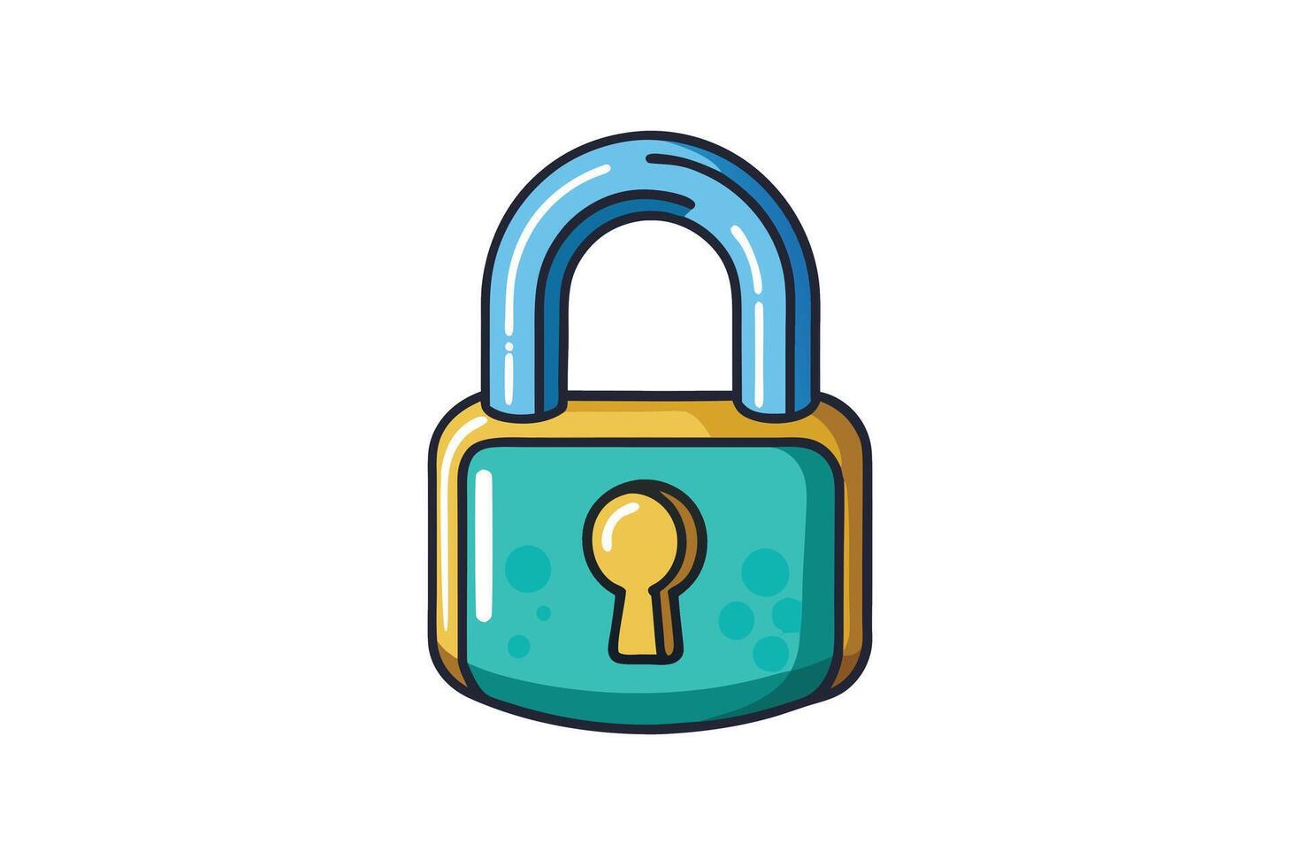bright yellow padlock icon with blue handle, symbolizing privacy, encryption, and secure access in a playful cartoon style vector