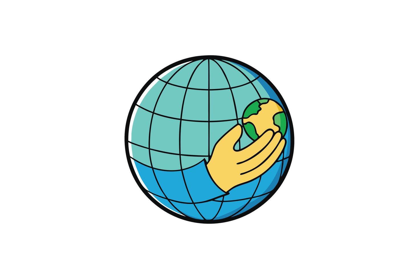 Flat design of a globe with a yellow hand emphasizing global unity, environmental awareness, and sustainability, isolated on white vector