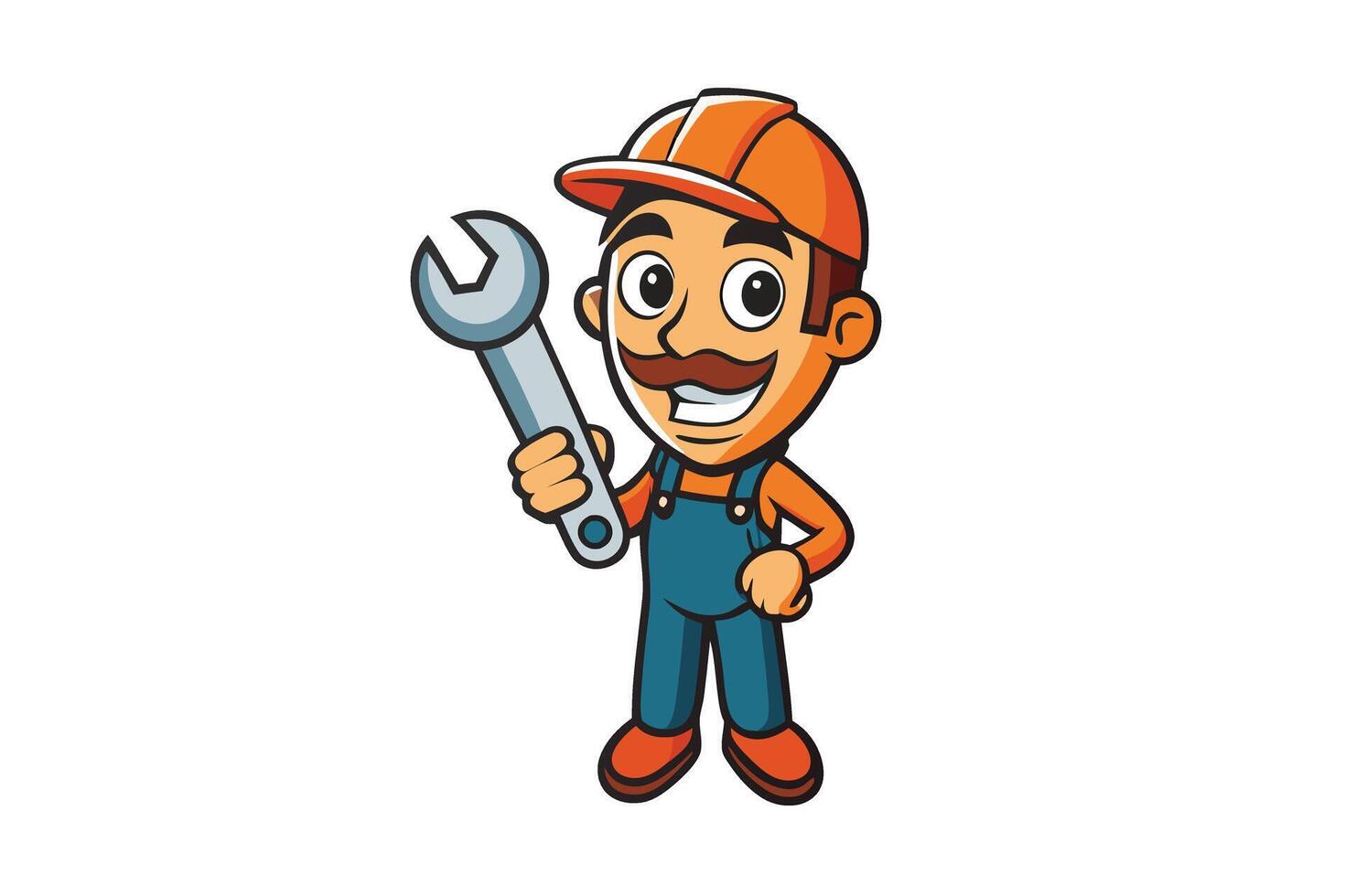 happy cartoon handyman holding spanner, wearing construction attire, ideal for maintenance and engineering graphics vector