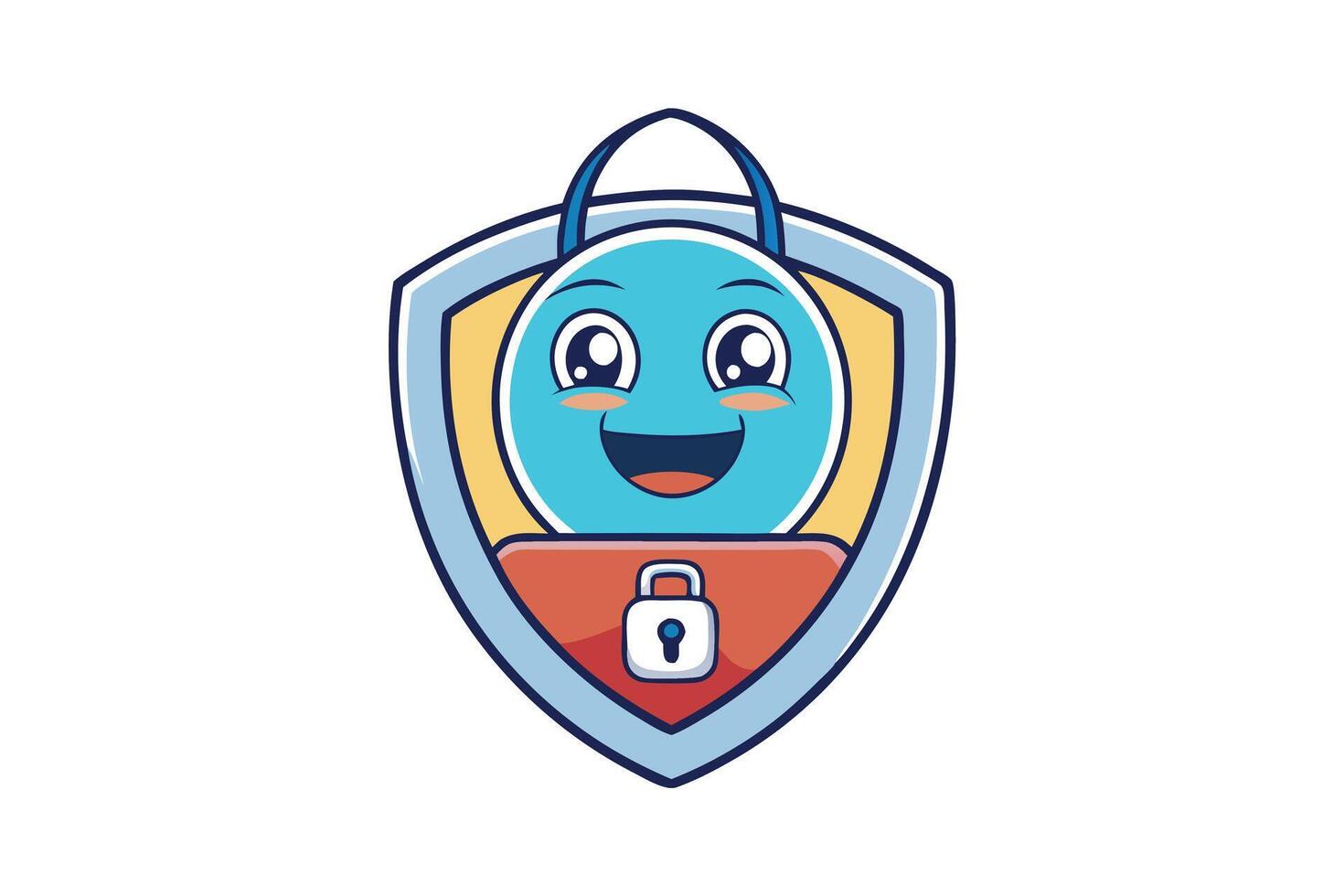 cartoon vpn icon featuring a smiling shield, padlock, and globe background, symbolizing secure internet access, privacy, and encryption vector