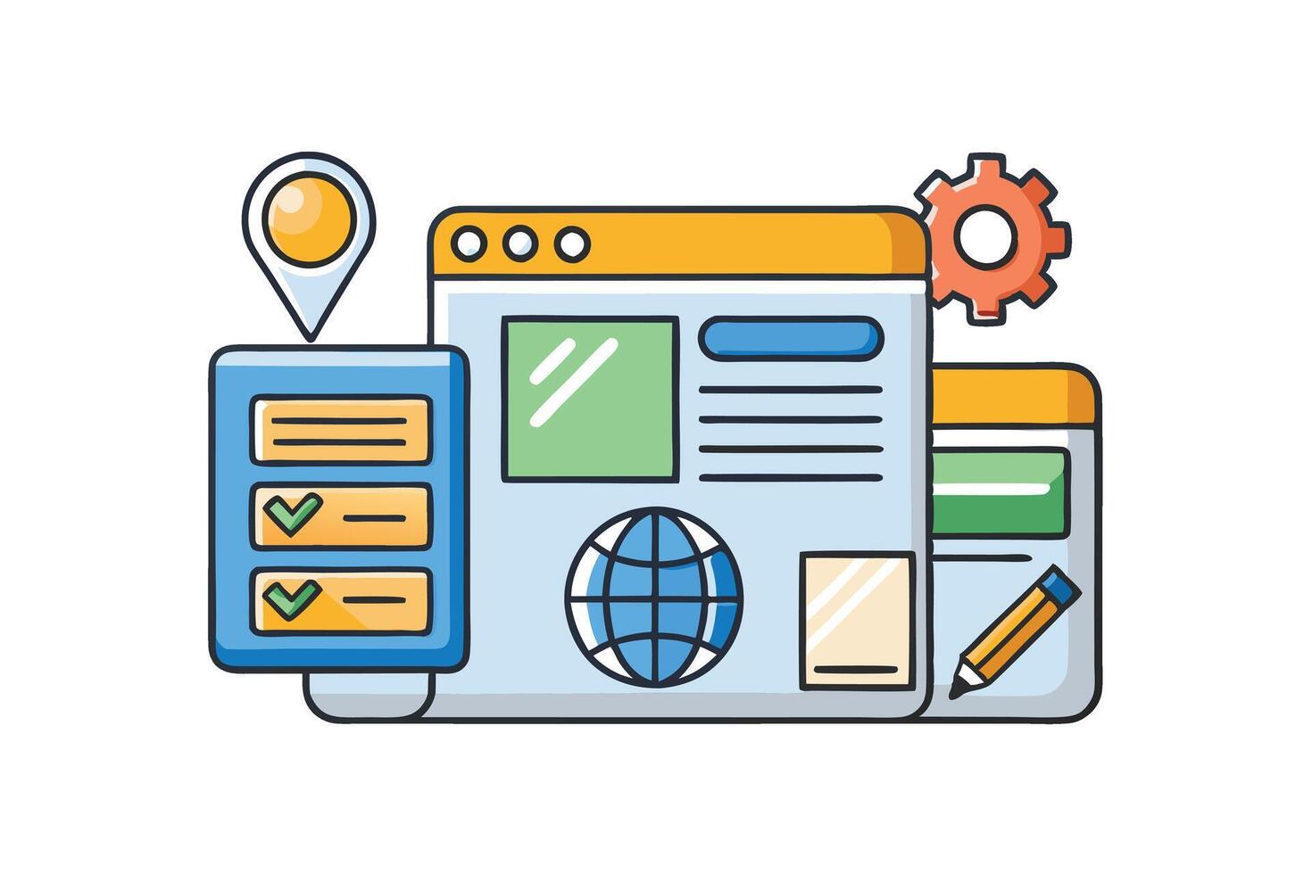 Illustrated set of website and UI UX design icons showcasing elements like settings, navigation, and interface layout on white background vector