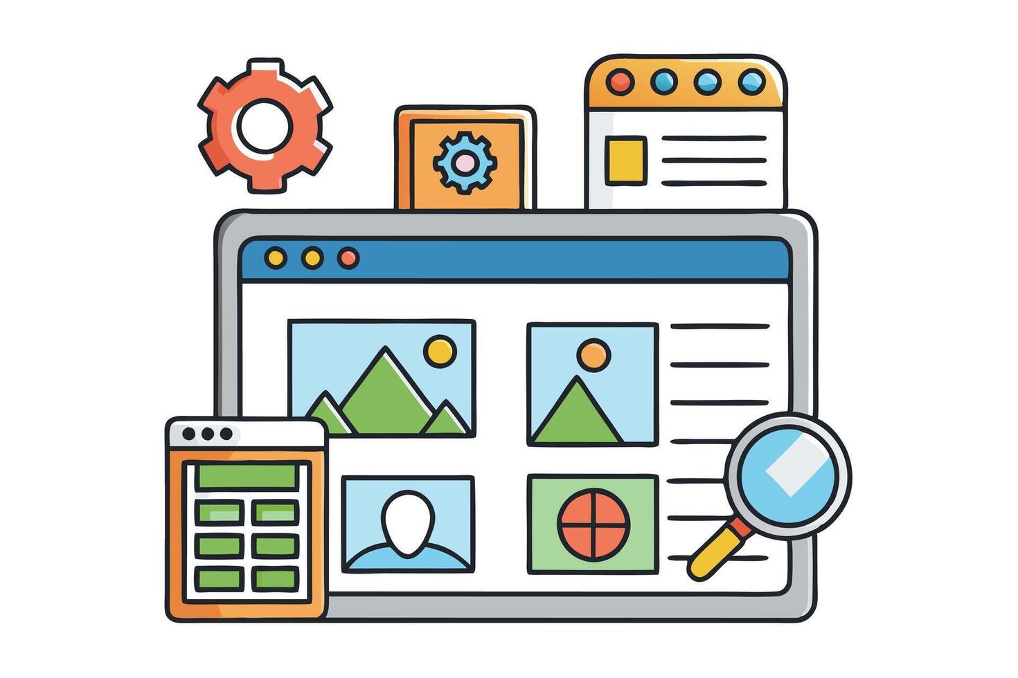 Creative UI UX design illustration with website interface elements, navigation tools, and optimization icons on isolated white background vector