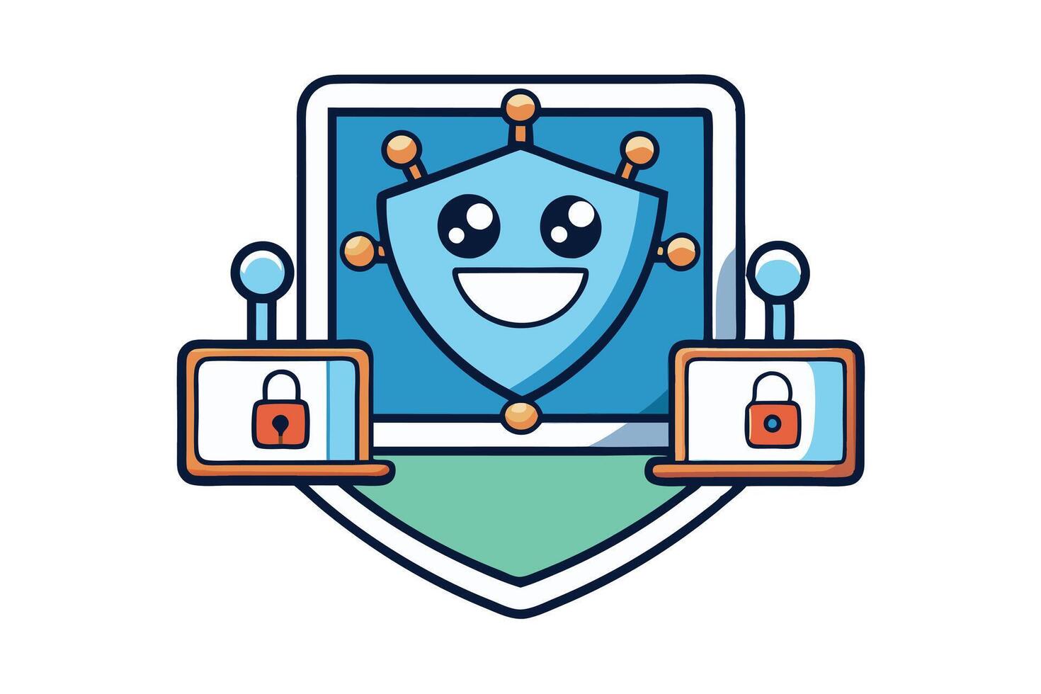 colorful vpn icon with happy shield mascot, digital globe, and secure padlock design representing cybersecurity and secure connections vector