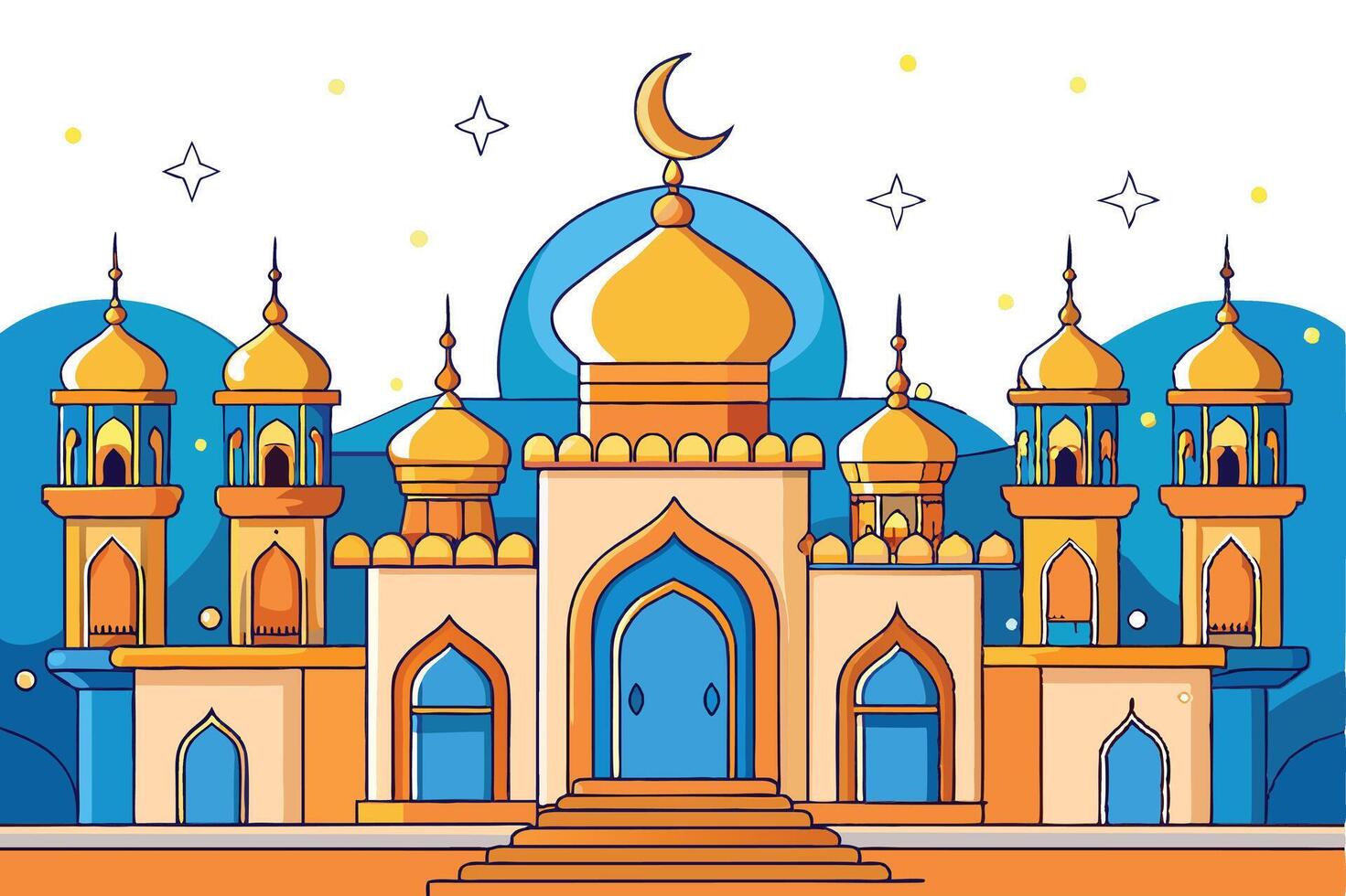 Ramadan Islamic Background depicting a cartoon style mosque with domes, arches, crescent moon, and a serene night sky vector