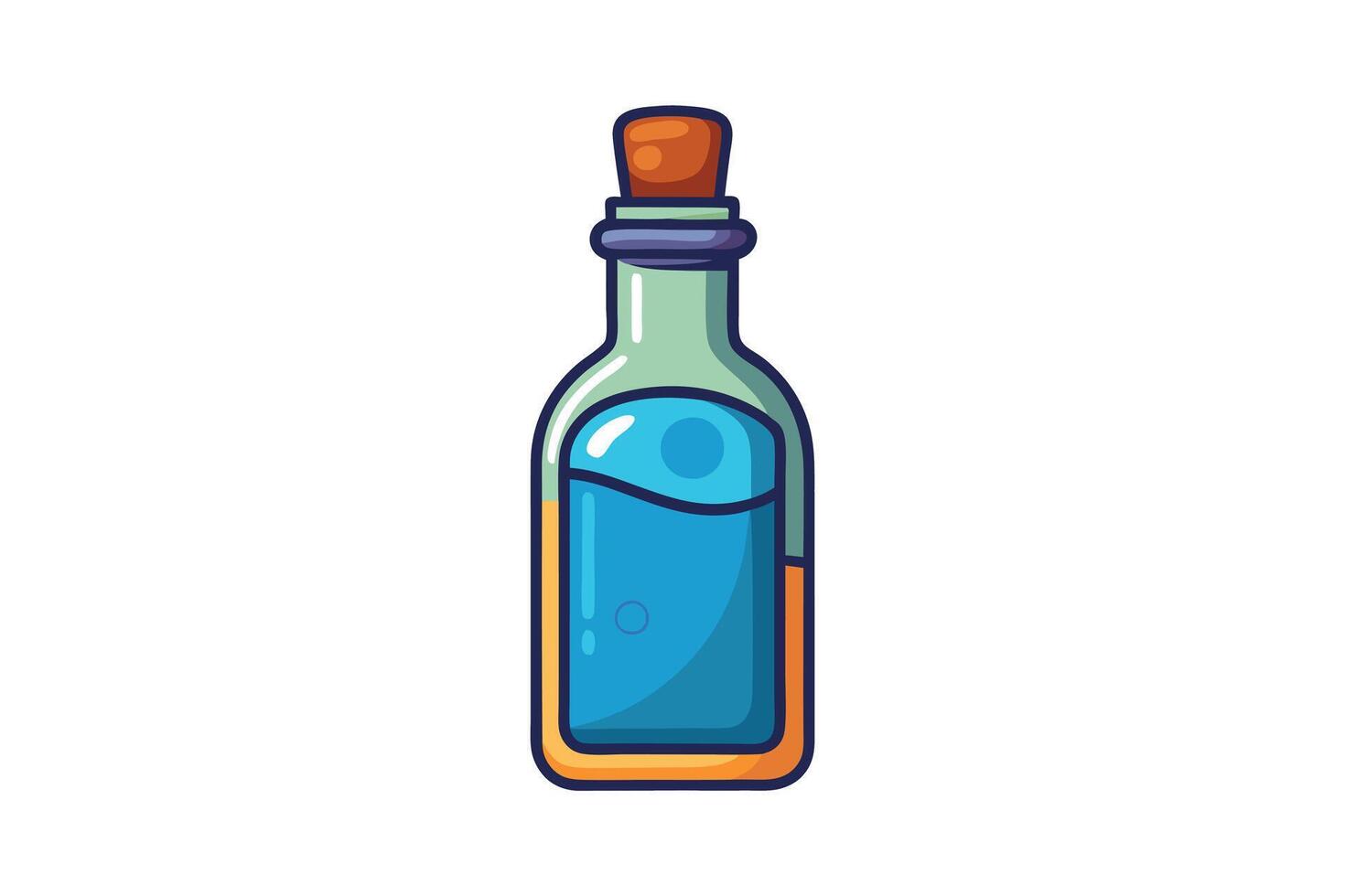 Cartoon style bottle icon with a cork stopper and vibrant blue liquid, featuring a playful design perfect for beverage or potion concepts vector
