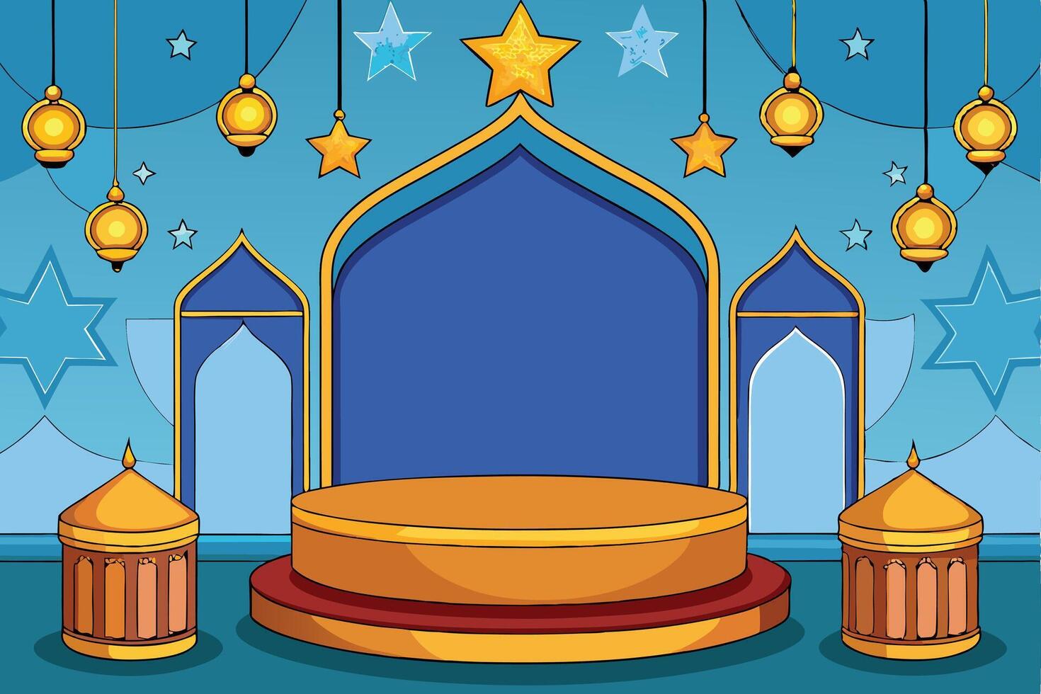Beautiful Ramadan Islamic Background with crescent moon, vibrant mosques, hanging lanterns, and intricate podium designs vector