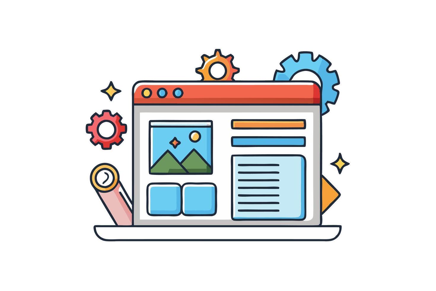 Flat style illustration of website design icons with interface layout, settings, analytics, and optimization tools on white background vector