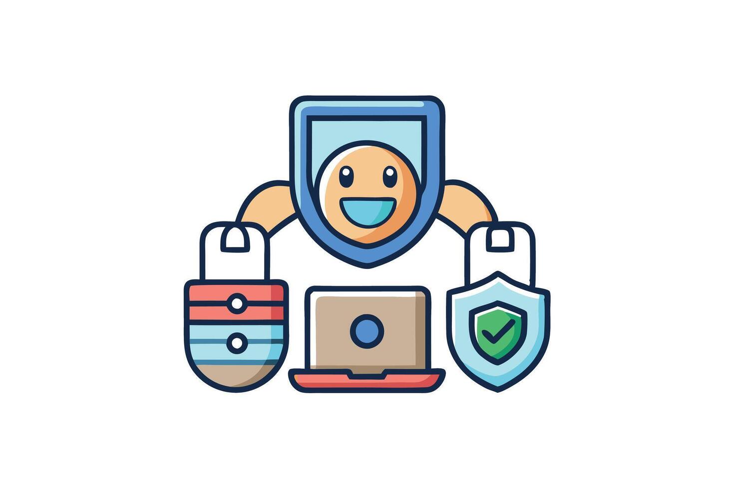 cartoon style vpn security icon with smiling shield, network connections, and secure padlocks symbolizing privacy, protection, and encryption vector