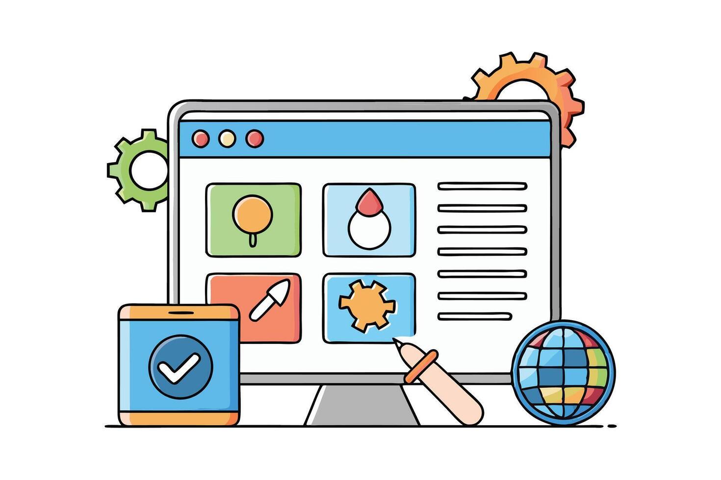 Colorful web development and user interface icons featuring browser windows, tools, and global connectivity elements on white background vector