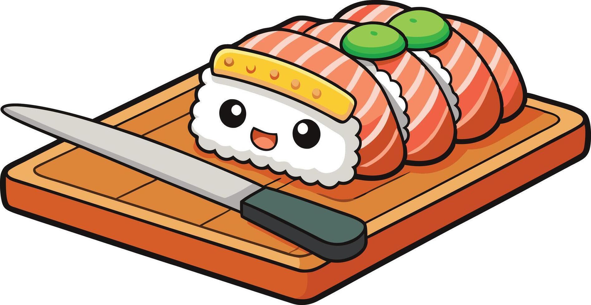 Playful sushi rolls illustrated as charming characters on a cutting board, combining food and animation in a vibrant visual style vector