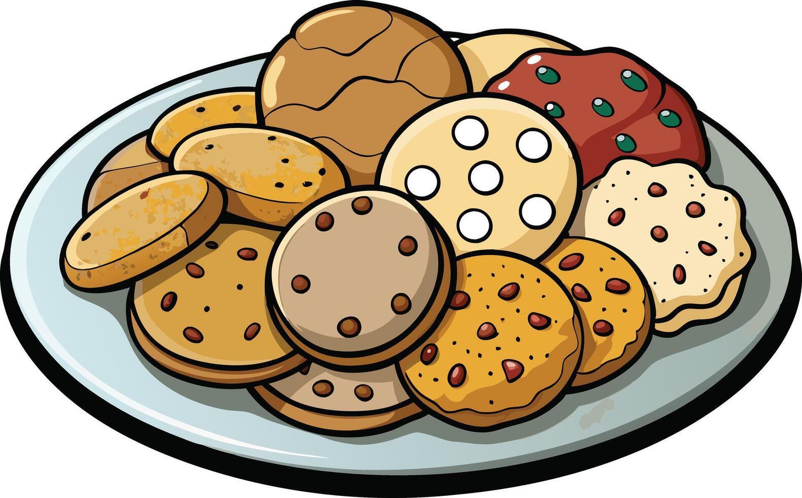 Vibrant drawing of cookies on a plate, highlighting diverse shapes, ingredients, and a sweet, delicious aesthetic for food art lovers vector
