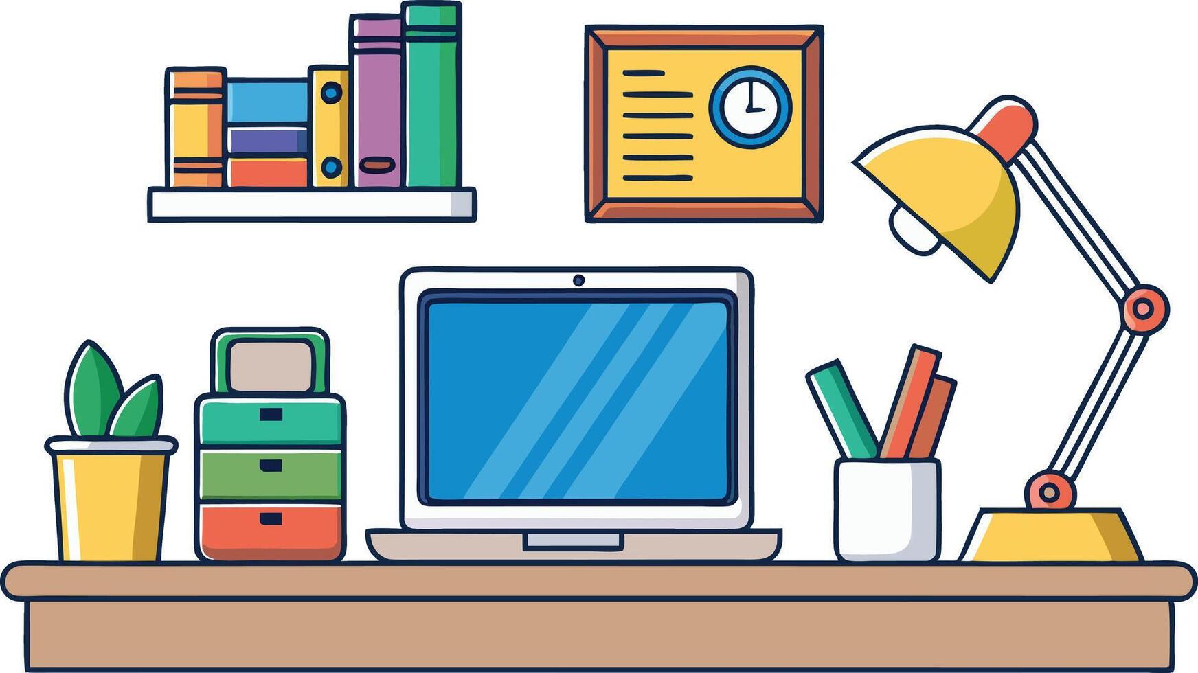 Stylish desk setup featuring a laptop, adjustable lamps, books, and plants, perfect for productivity and organization inspiration vector