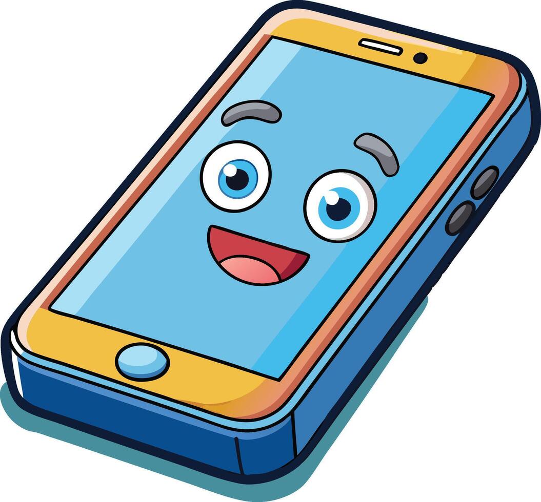 Cartoon illustration of a happy smartphone character with expressive facial features and vibrant colors, conveying a fun and friendly vibe vector