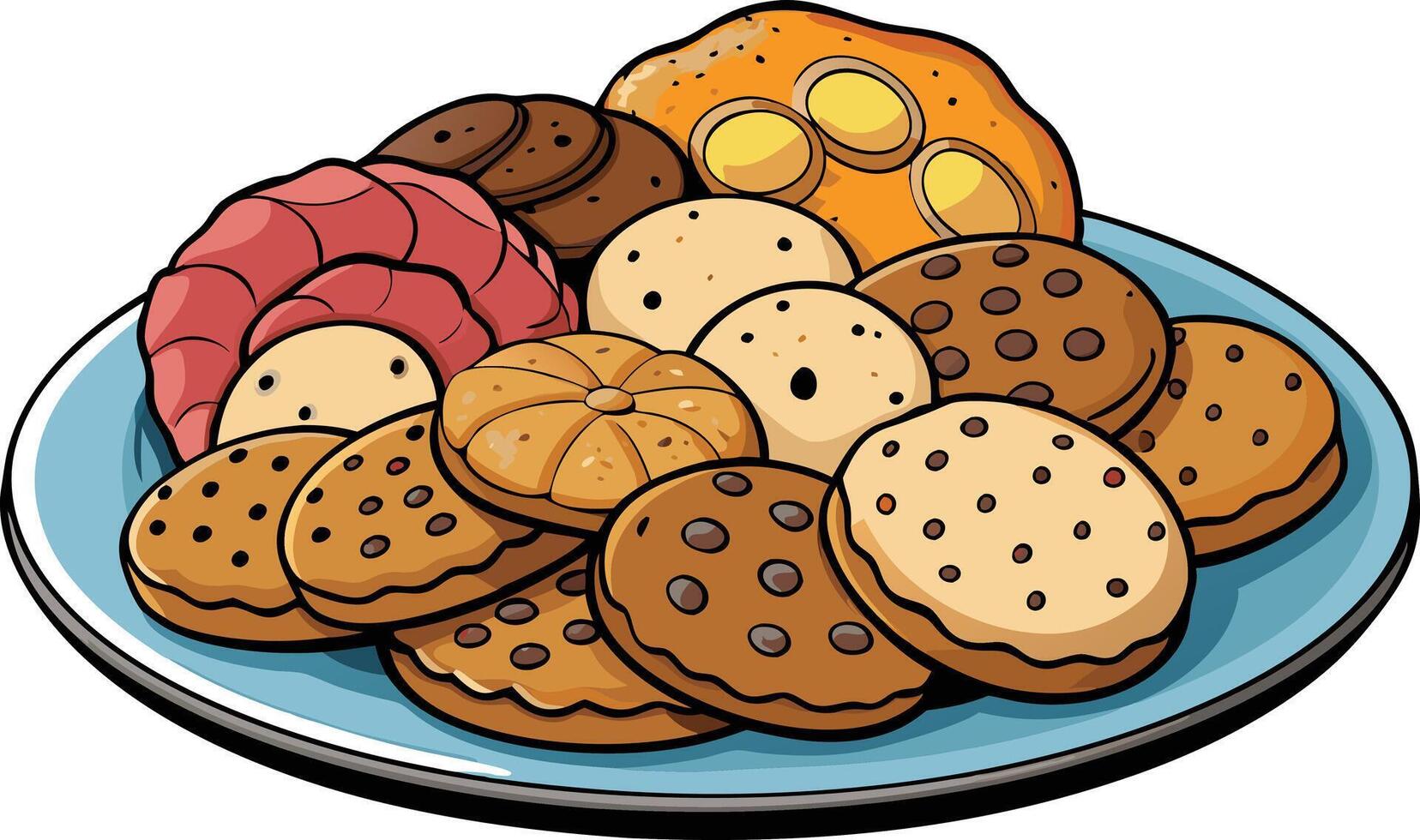 A colorful illustration of a plate filled with assorted cookies, featuring a variety of shapes, flavors, and textures for dessert lovers vector