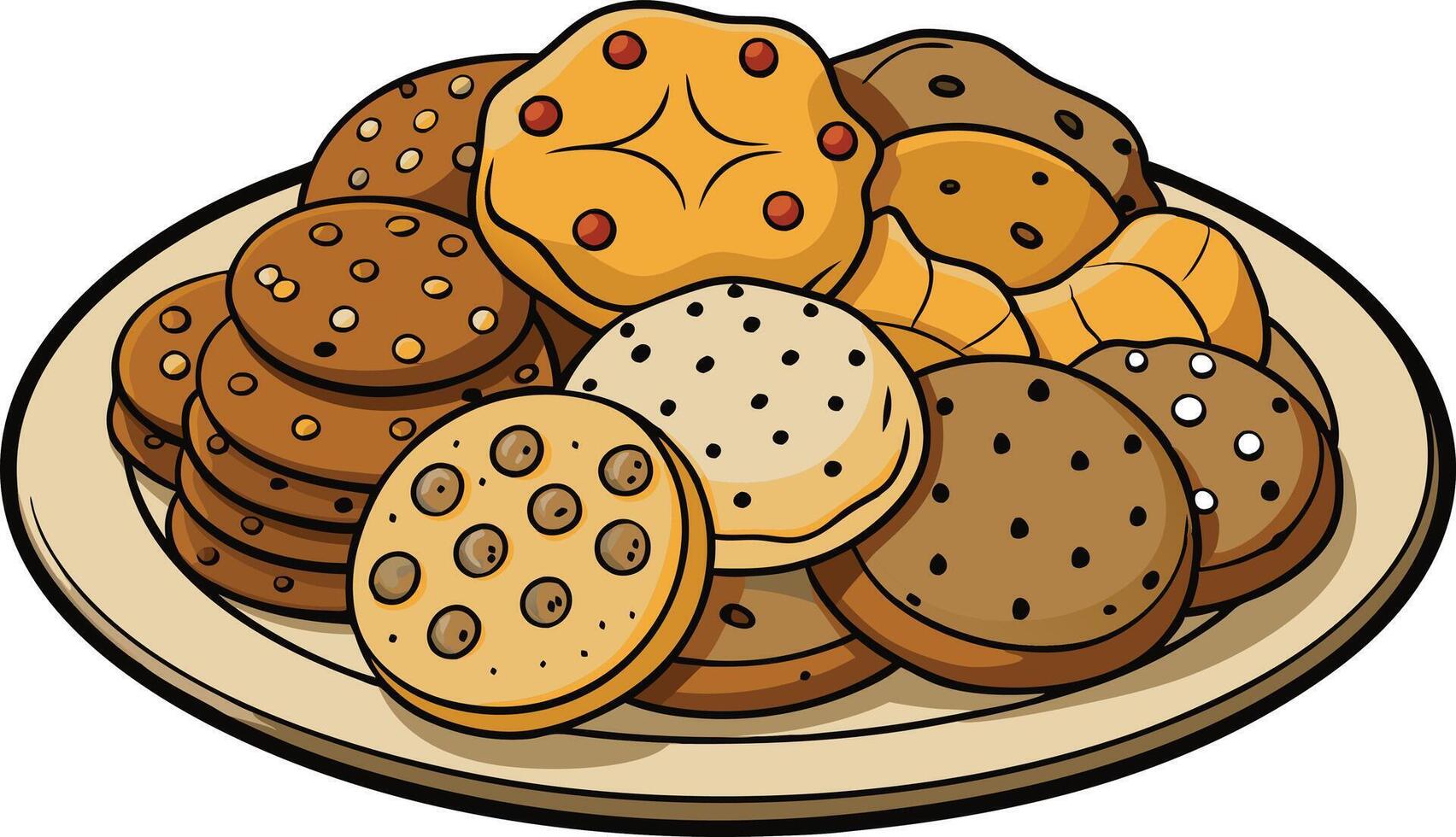 Artistic depiction of a variety of cookies arranged on a plate, showcasing chocolate chips, decorative designs, and diverse styles of baking vector